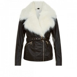 Parisian Black Faux Fur Trim Leather Look Jacket